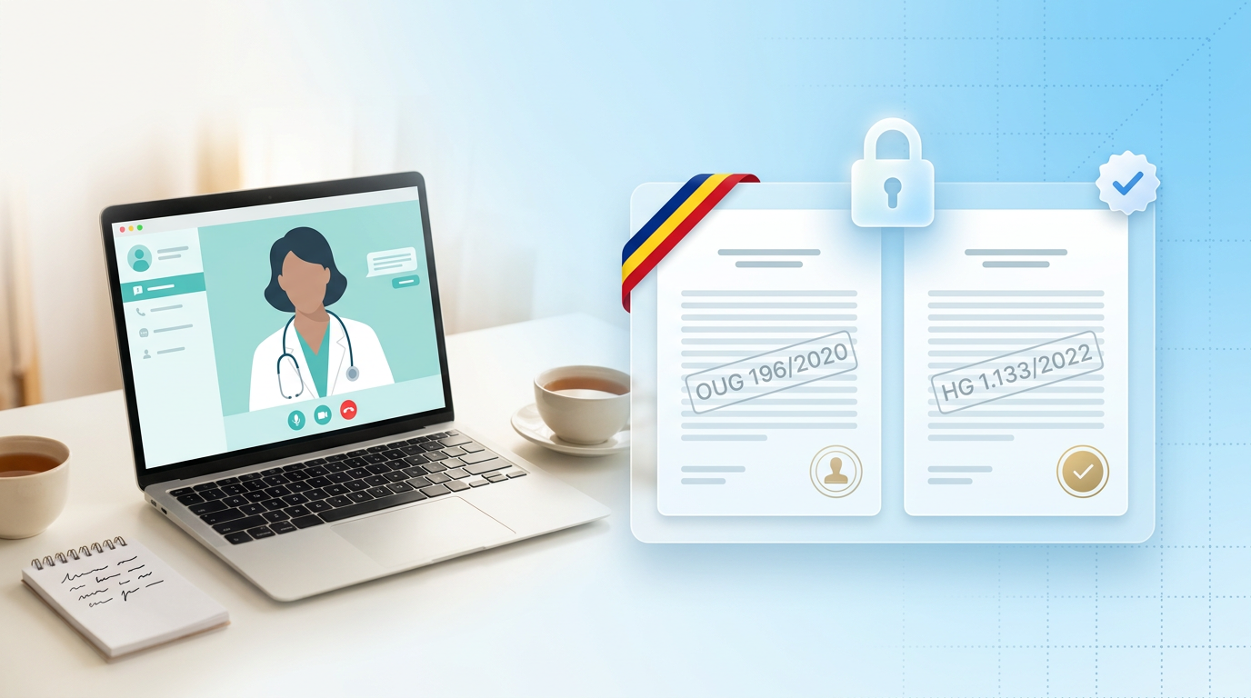 Aviz psihiatric online legal în România, cadrul OUG 196/2020 și HG 1.133/2022 pentru telemedicină și teleconsultație psihiatrică: laptop cu consult video, documente normative și simbol GDPR pentru protecția datelor pacientului; ghid TeleMind.