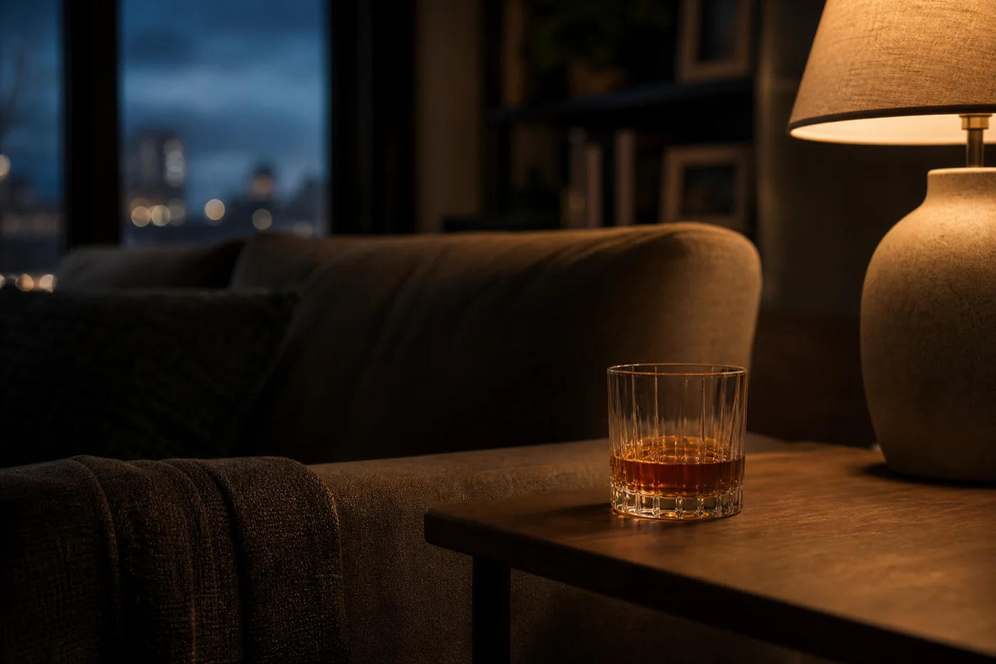 Fotografie editorială: pahar pe masă lângă canapea, lumină caldă de seară; articol TeleMind despre alcool și anxietate la adulți.
