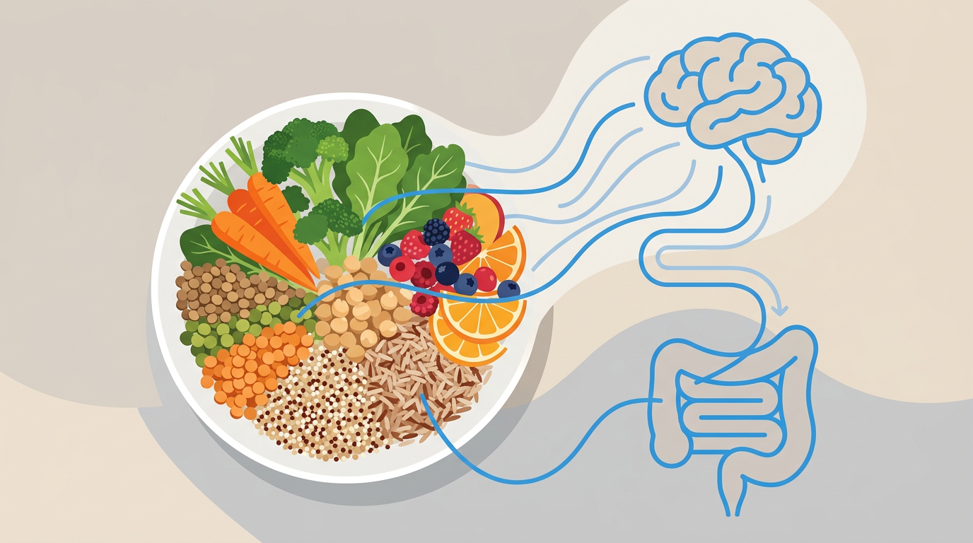Ilustrație articol blog TeleMind, România: Alimentația și starea de spirit: ce arată studiile (2026). Ghid medical educativ pentru pacienți; revizuire conținut Dr. Lavinia Dobrescu, medic specialist psihiatru și psihoterapeut.