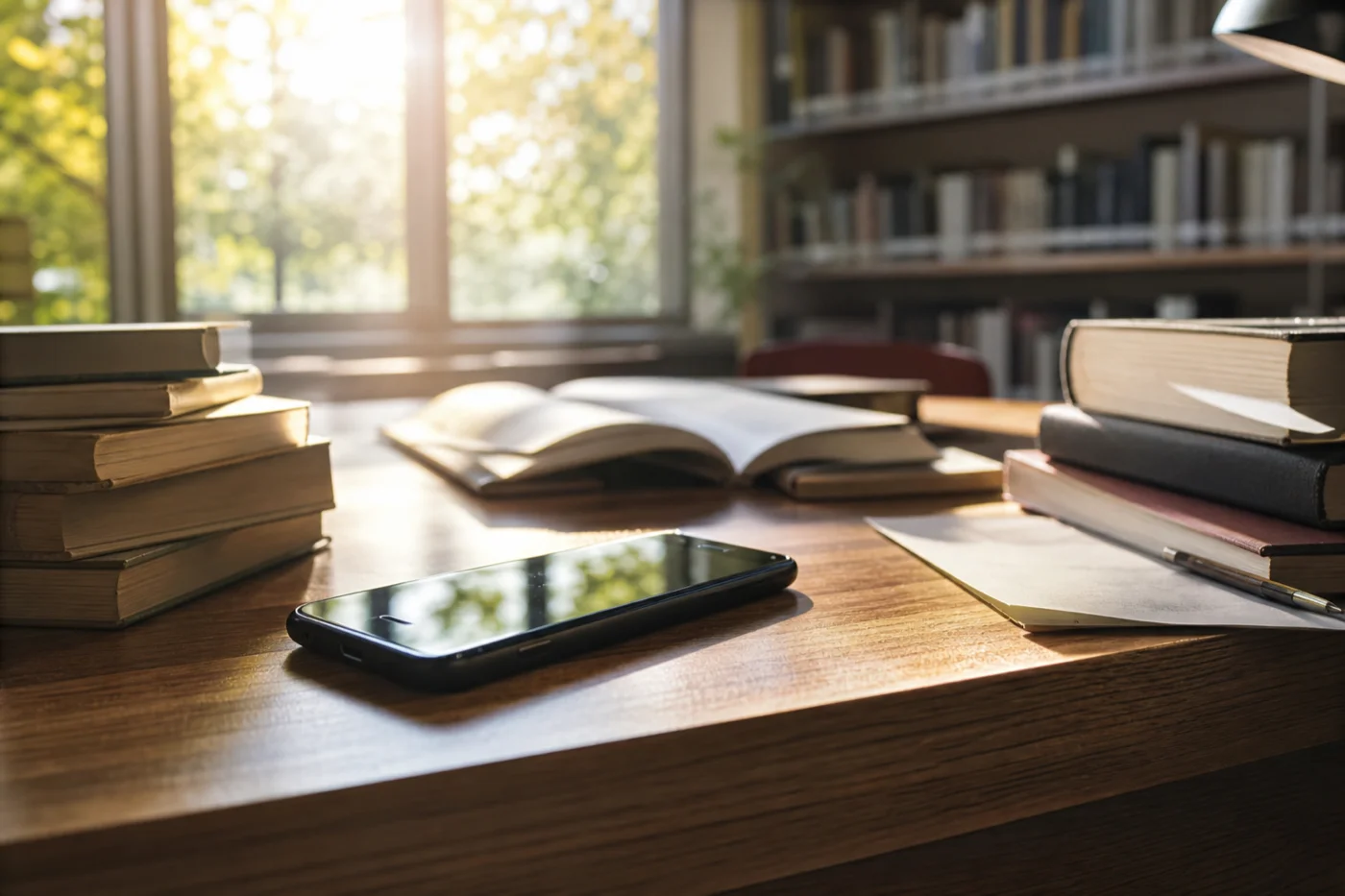 Fotografie editorială: telefon pe masă lângă cărți în bibliotecă, lumină de vară; articol TeleMind despre anxietate după rezultatele la examene.