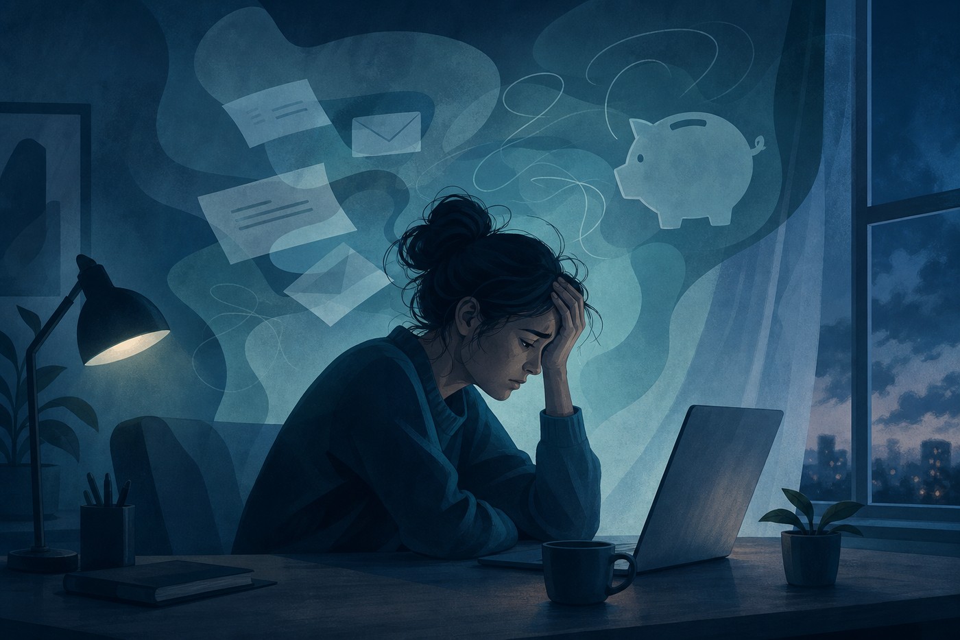 Ilustrație editorială: persoană la birou seara, laptop și simboluri discrete pentru facturi; stres financiar, blog TeleMind mai 2026.