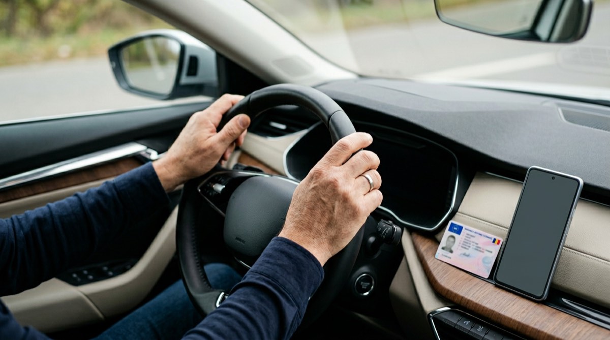 Foto TeleMind România: șofer cu mâinile pe volan, permis auto și smartphone medical pe bord, articol despre aviz psihiatric pentru permis de conducere, șoferi profesioniști categoria C, D, E, ARR, telemedicină conform OUG 196/2020, Dr. Lavinia Dobrescu, medic specialist psihiatru.