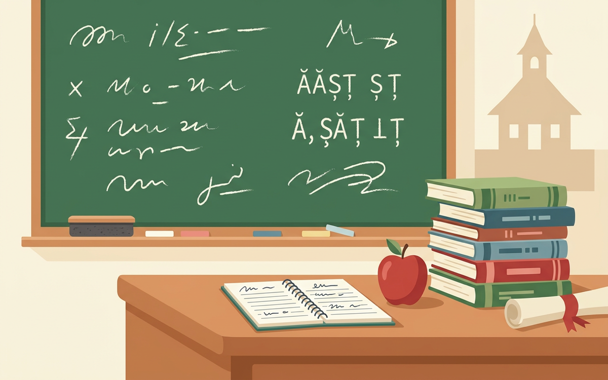 Ilustrație ghid educativ TeleMind: sală de clasă, tablă și manuale; aviz psihiatric și fișă capacitate psihică profesori România; expertiză Dr. Lavinia Dobrescu, medic psihiatru.