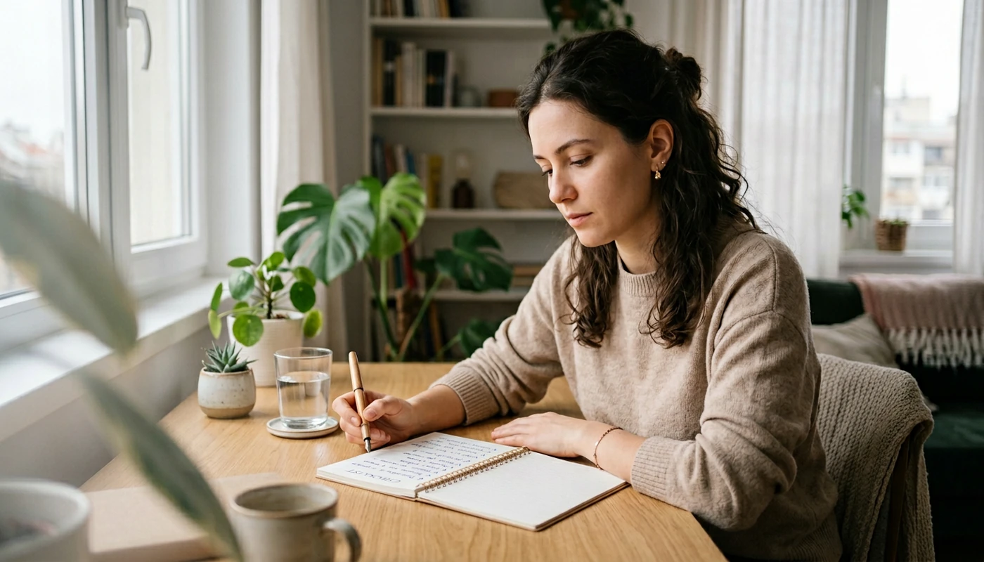 Adult în România la birou în lumină naturală, simbolizând brain fog după stres și pași practici pentru recăpătarea concentrării.