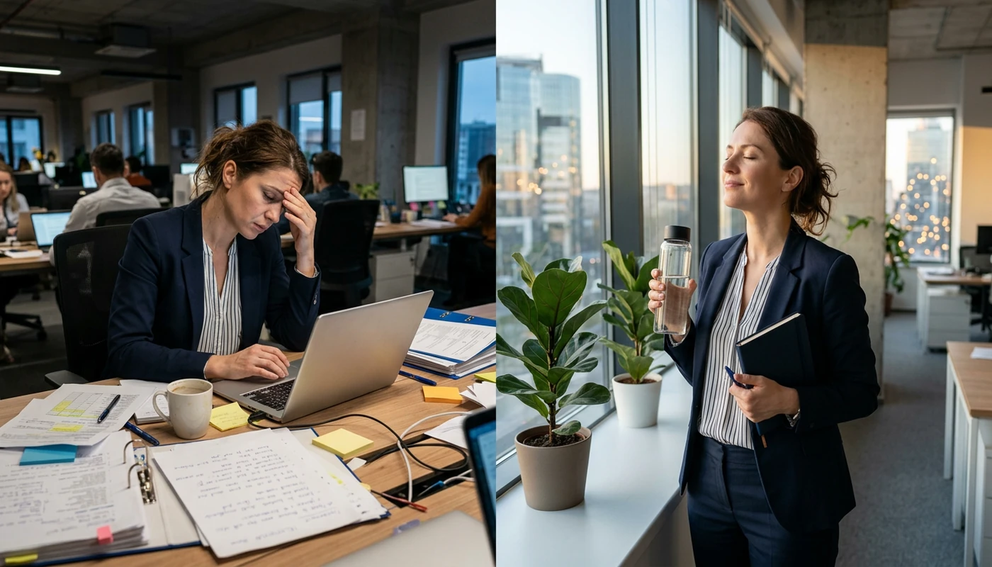 Adult activ în România într-un mediu de birou, între semne de burnout și rutină de recuperare pentru diferențierea față de oboseala normală.