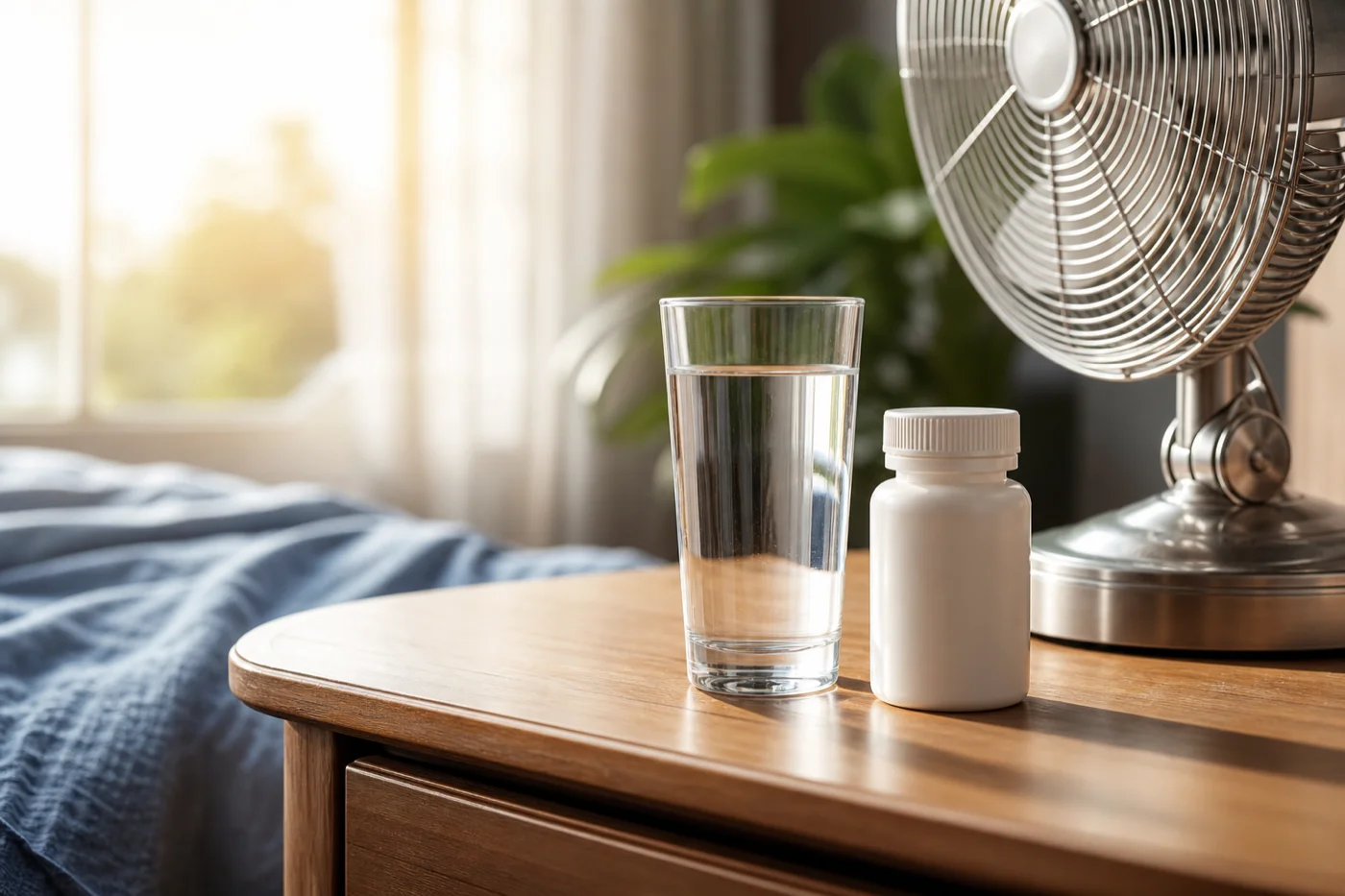 Fotografie editorială: pahar de apă și flacon de medicamente pe noptieră lângă ventilator, lumină de vară; articol TeleMind despre caniculă și medicamentele psihiatrice.