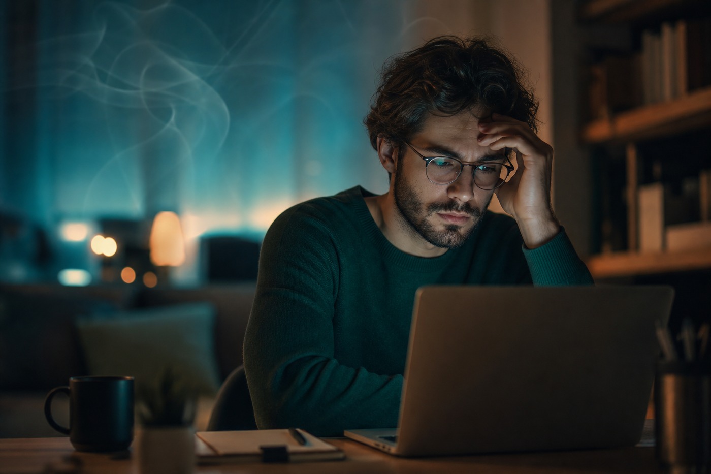 Fotografie editorială TeleMind: adult la birou seara, laptop, lumină cinematică teal; cannabis, THC și sănătate mintală, 2026.