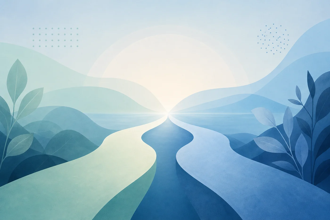 Ilustrație abstractă albastră-teal, două căi care converg, simbol pentru CBT, DBT și psihoterapie alături de psihiatrie; blog TeleMind România aprilie 2026.