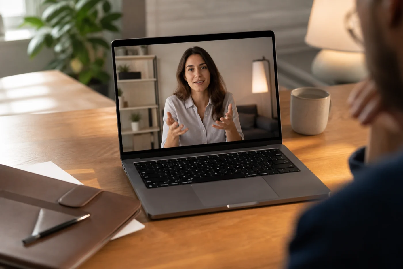 Fotografie editorială: laptop cu apel video discret pe birou lângă dosar medical; articol TeleMind despre consult de control psihiatric online.