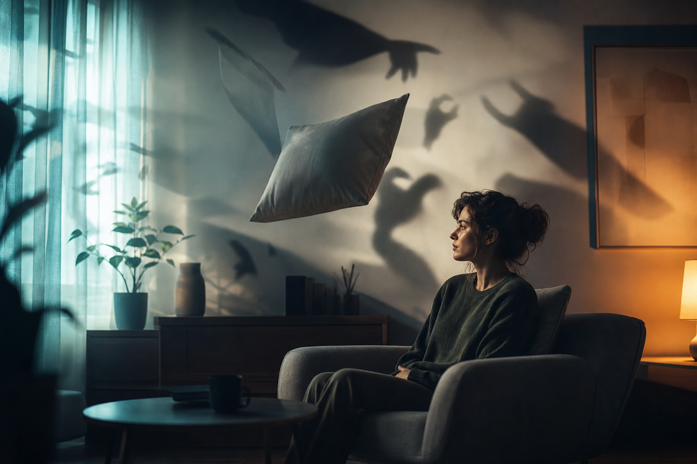 Fotografie editorială: dormitor calm; coșmaruri, somn și TEPT, blog TeleMind mai 2026.