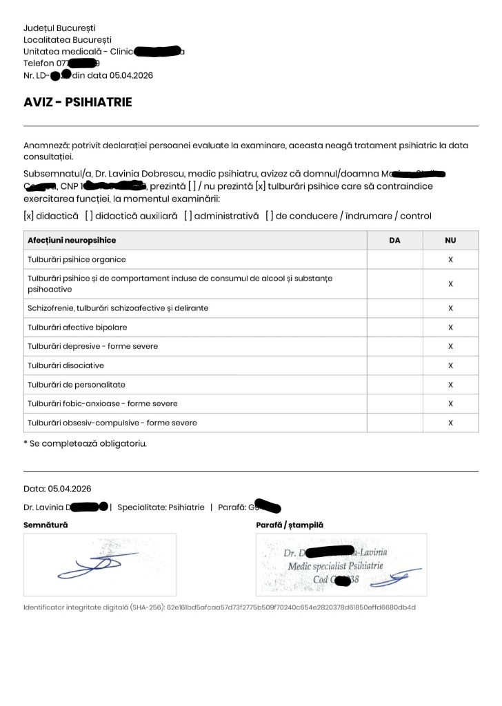 Model aviz psihiatric TeleMind România: exemplu PDF cadre didactice, ghid pași în aplicație.