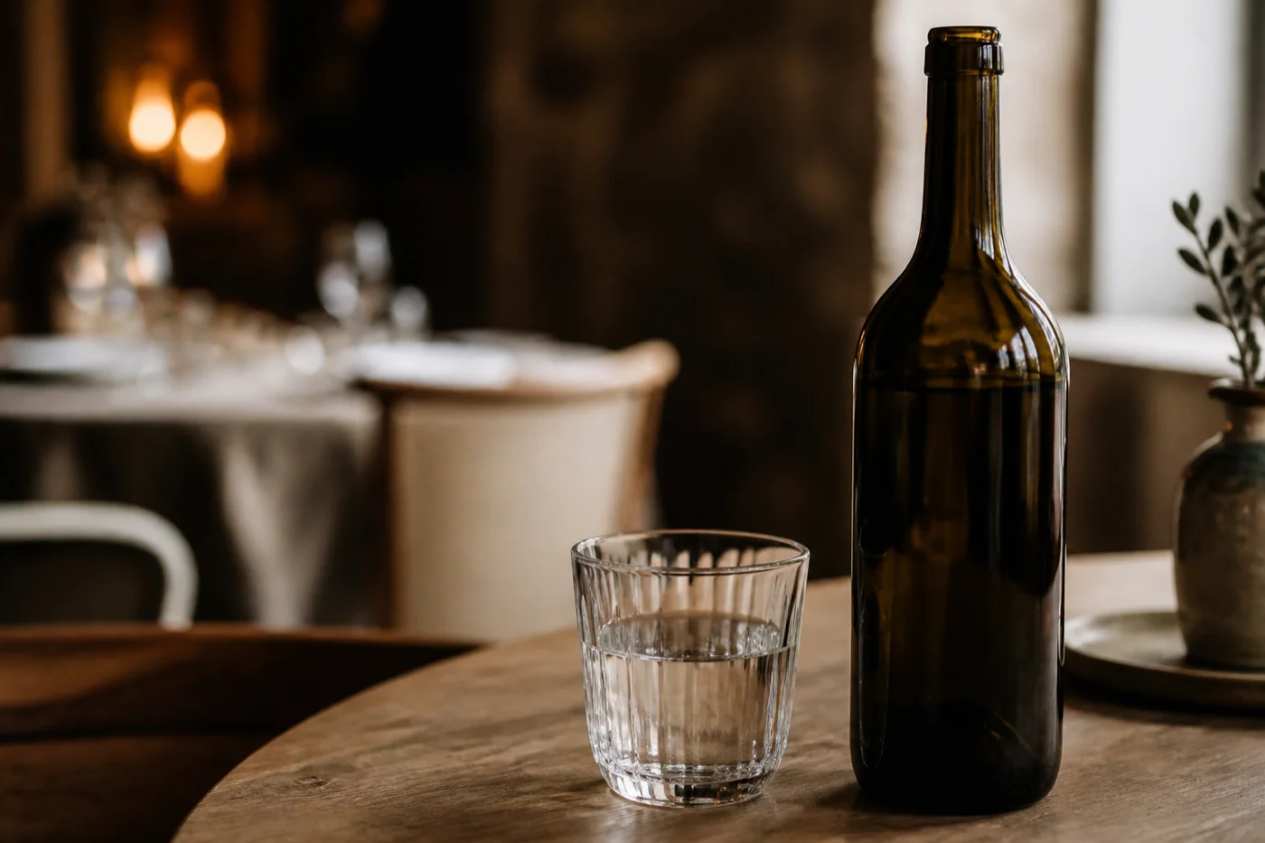 Fotografie editorială: pahar de apă lângă sticlă de alcool pe masă, lumină discretă; articol TeleMind despre dependența de alcool.