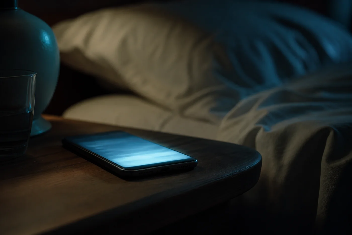 Fotografie editorială: telefon cu ecranul aprins pe noptieră, în lumină albastră slabă de seară; articol TeleMind despre dependența digitală la adulți.