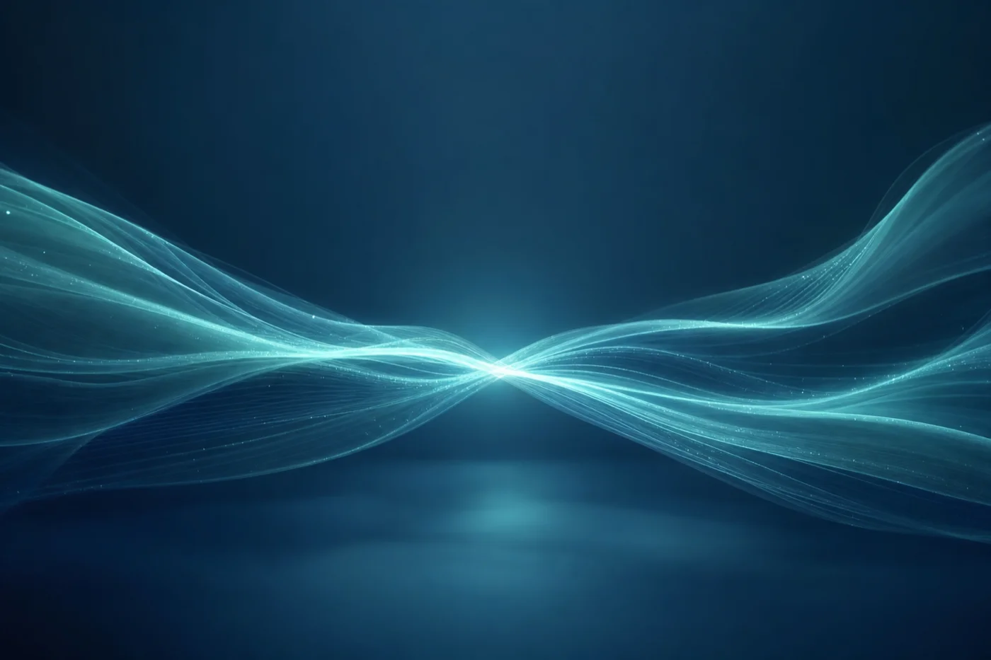 Ilustrație editorială abstractă: două căi de lumină teal care converg; EMDR și traumă, blog TeleMind mai 2026.