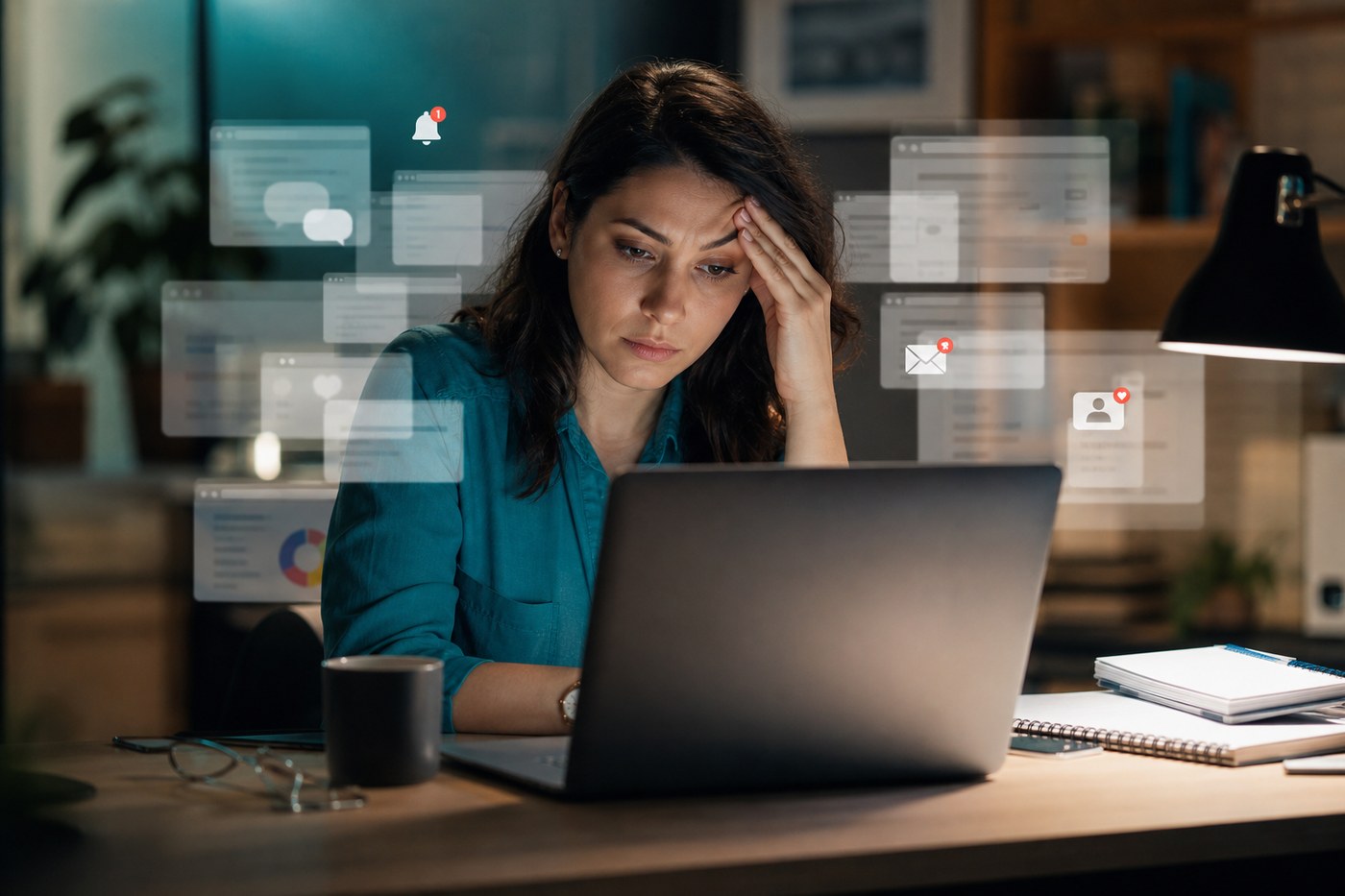 Ilustrație editorială: profesionist obosit la birou cu laptop, multitasking și oboseală cognitivă; blog TeleMind mai 2026.