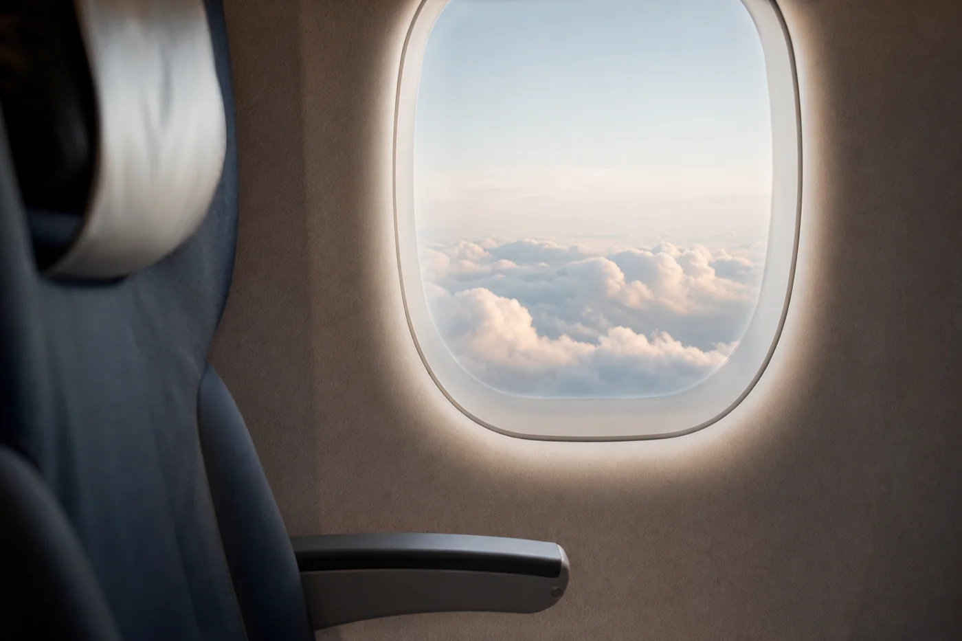 Fotografie editorială: fereastră de avion cu nori moi, scaun de cabină parțial vizibil; articol TeleMind despre fobia de zbor la adulți.