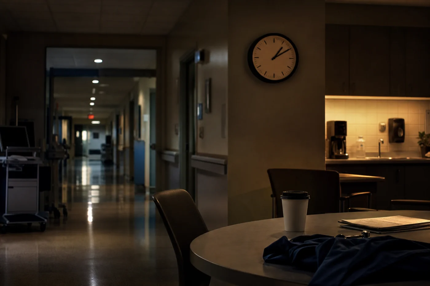 Fotografie editorială: hol de spital slab luminat noaptea, ceașcă de cafea pe masă; articol TeleMind despre munca în ture și somn.