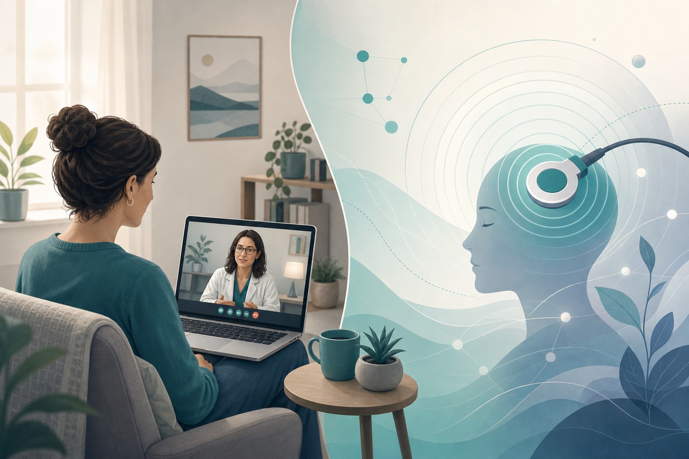 Ilustrație editorială TeleMind: adult în teleconsultație liniștită și motiv abstract de unde blânde pentru neuromodulare (simbolic, fără CT/RMN); Neurolith TPS, depresie, fatigabilitate, demență, România 2026.