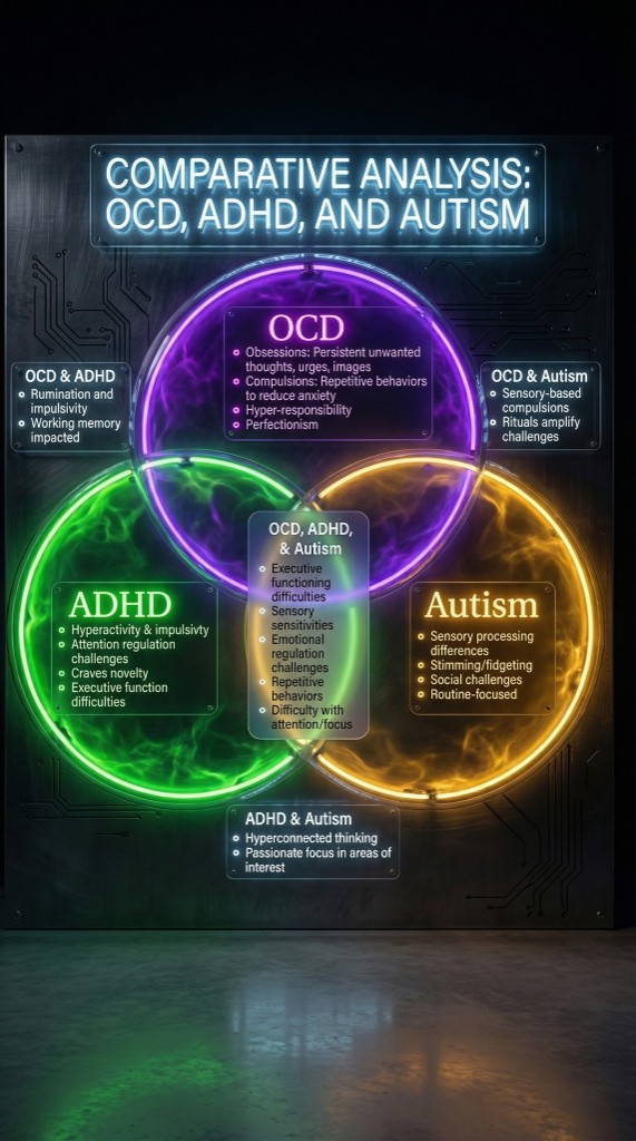 Ilustrație articol OCD, ADHD și autism: suprapuneri și comorbiditate, ghid educativ pacienți România, blog TeleMind; conținut medical revizuit Dr. Lavinia Dobrescu, psihiatru.