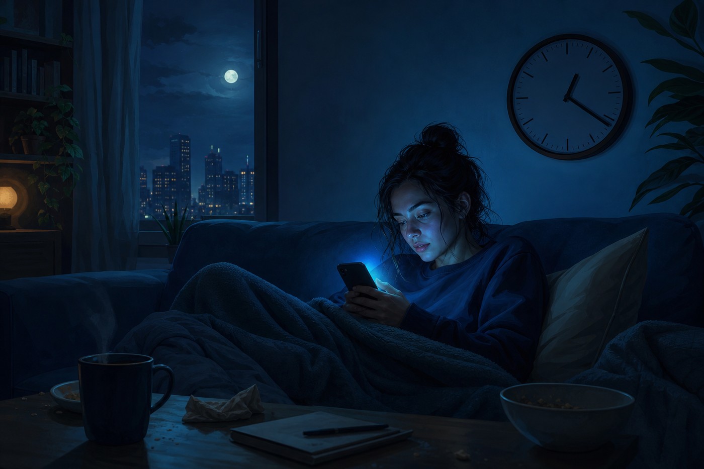 Ilustrație editorială nocturnă: persoană pe canapea cu telefon luminat și ceas târziu; procrastinare la somn, blog TeleMind mai 2026.