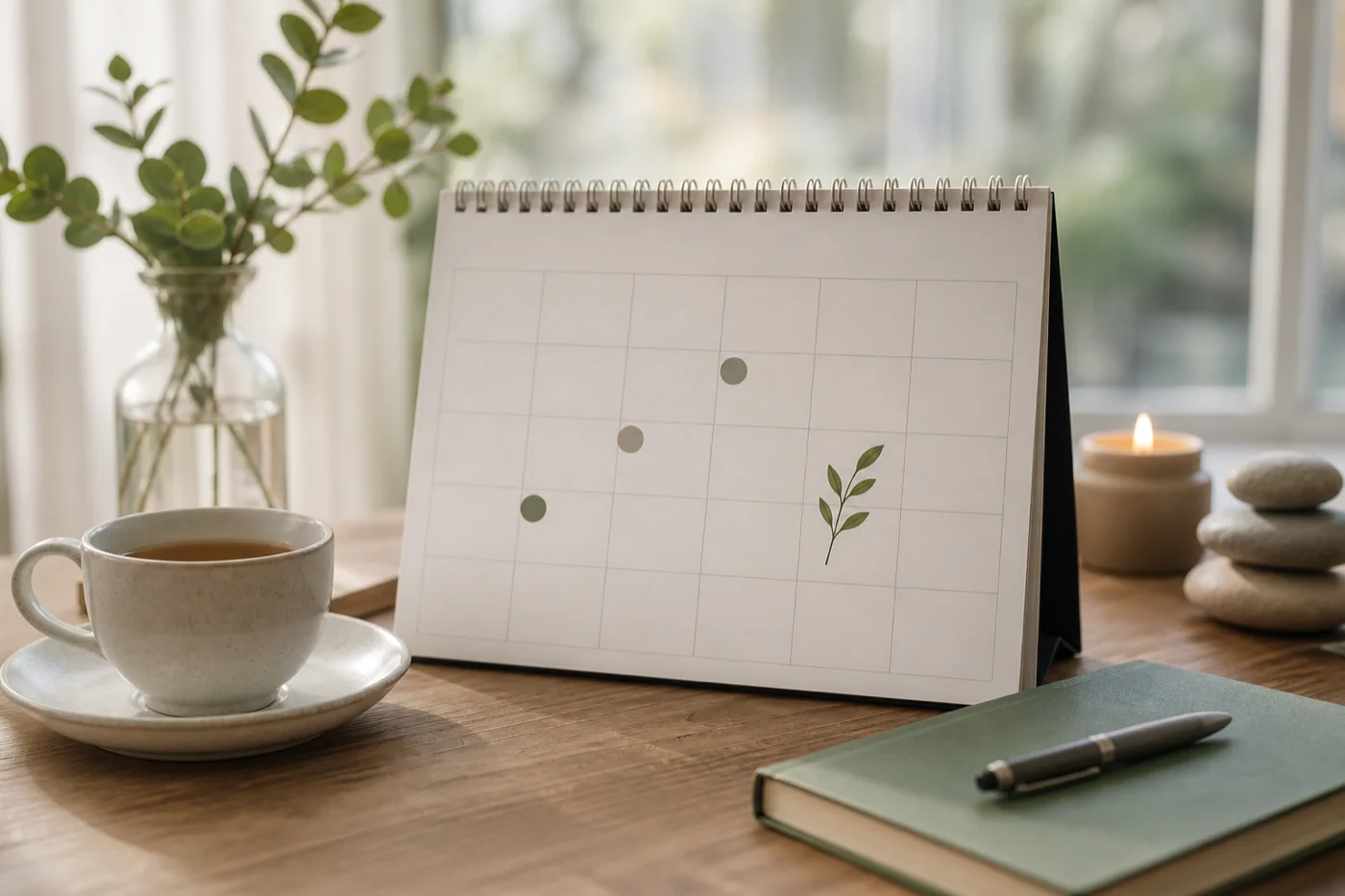 Fotografie editorială: calendar deschis pe birou lângă ceașcă de ceai, lumină caldă; articol TeleMind despre recădere depresivă și anxioasă.