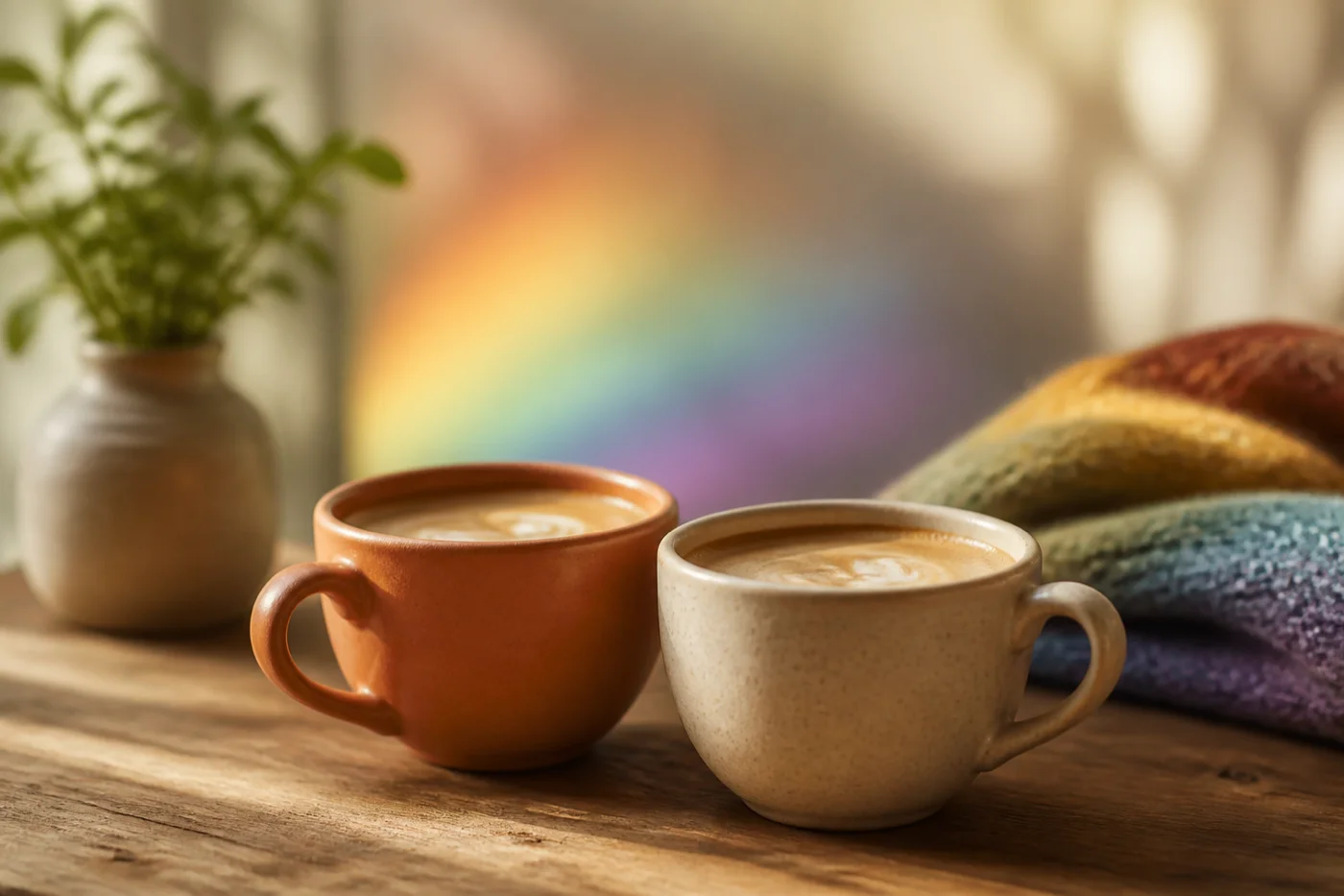 Fotografie editorială: două cești de cafea pe masă în lumină caldă, simbol discret de sprijin; articol TeleMind despre sănătate mintală LGBTQ+.