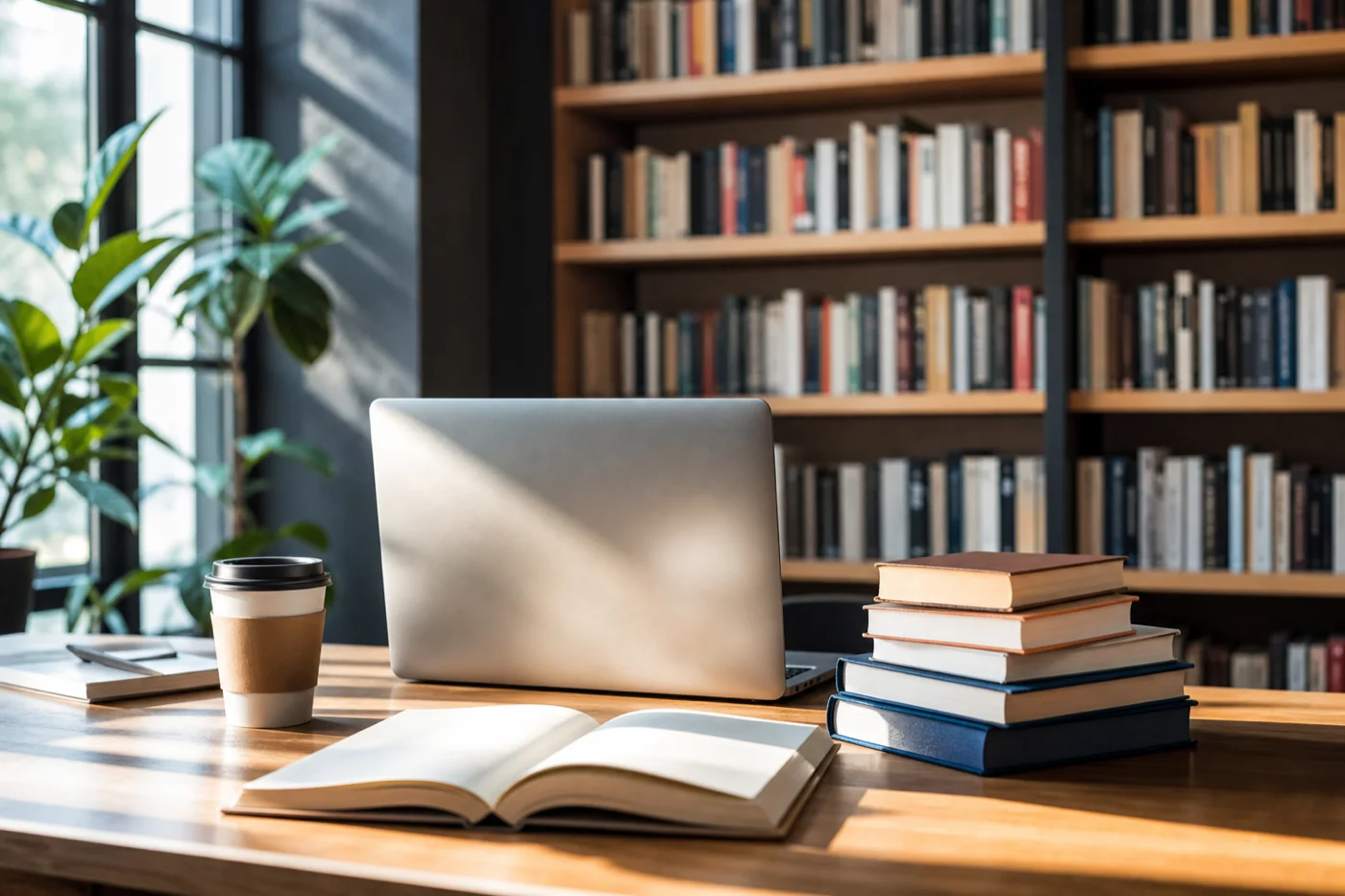 Fotografie editorială: birou de student cu laptop, cărți și ceașcă de cafea, lumină de după-amiază; articol TeleMind despre sănătatea mintală la studenți.