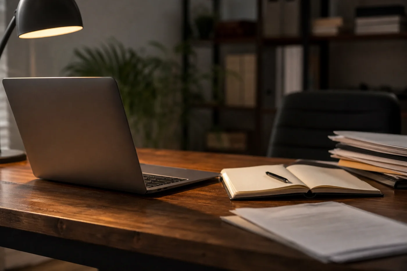 Fotografie editorială: birou profesional cu laptop și caiet, lumină caldă de după-amiază; articol TeleMind despre sindromul impostorului la profesioniști.