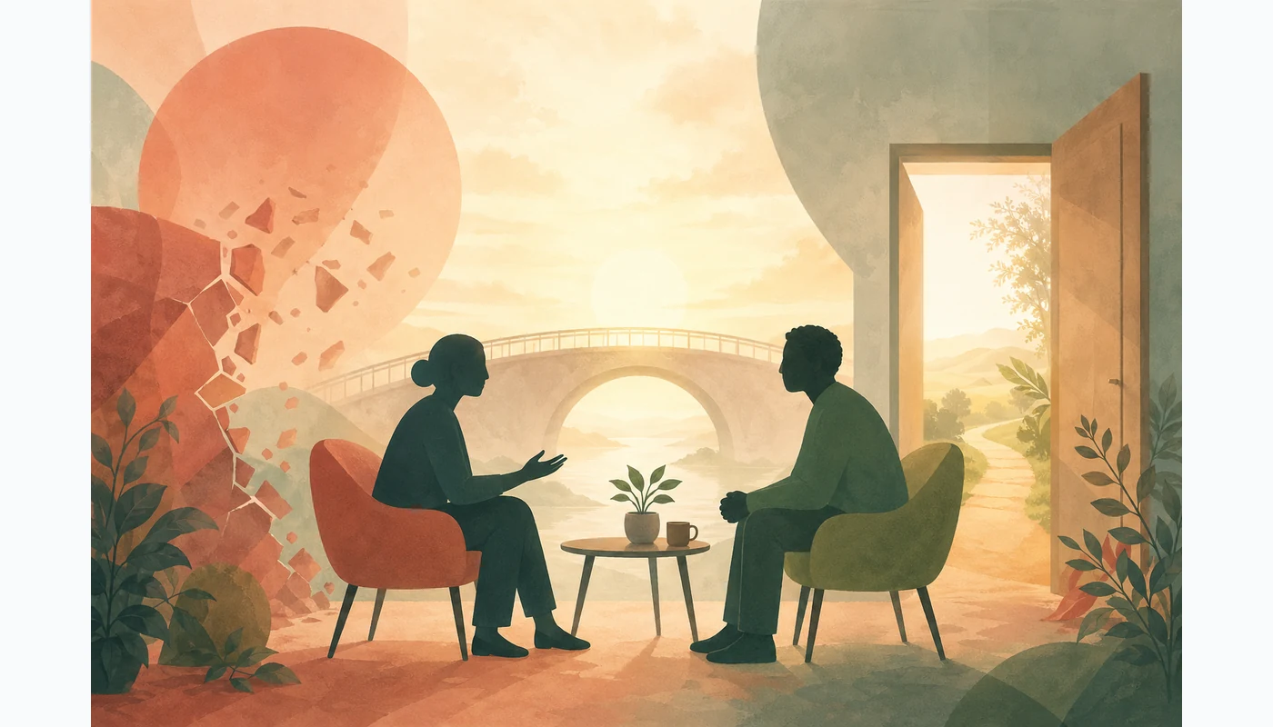 Ilustrație hero blog TeleMind România: lumină caldă, siluete abstracte în conversație de sprijin, simbol pentru reducerea stigmei și acces la tratament psihiatric; telemedicină; revizuire Dr. Lavinia Dobrescu.