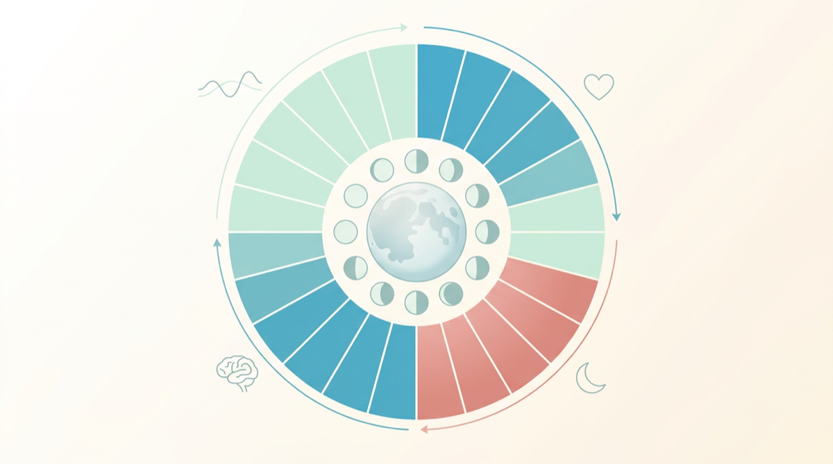 Ilustrație medicală TeleMind România: calendar circular menstrual cu zile premenstruale evidențiate în coral, articol despre tulburare disforică premenstruală PMDD, criterii DSM-5-TR, evaluare psihiatrică online, Dr. Lavinia Dobrescu, medic specialist psihiatru și psihoterapeut.