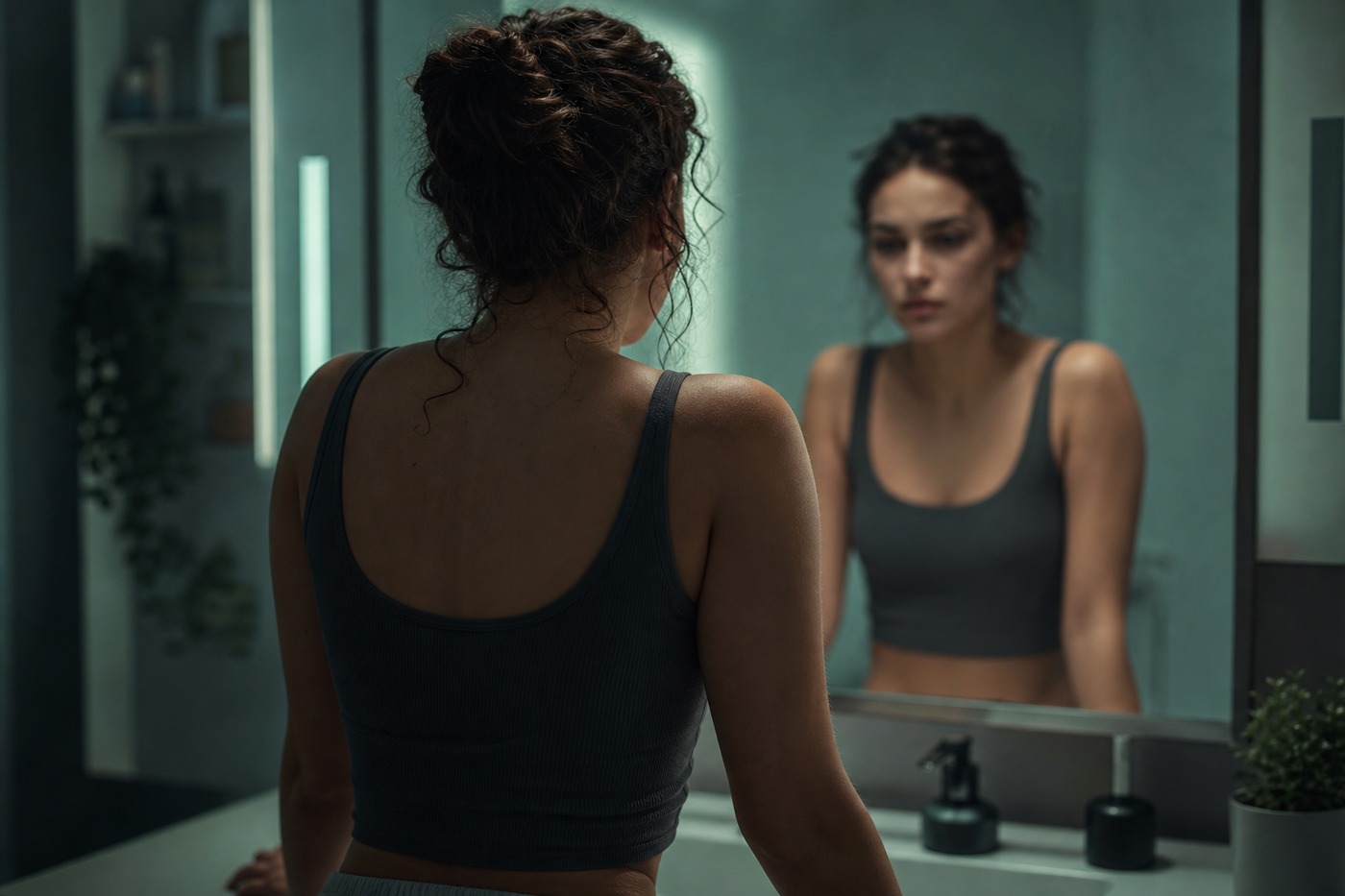 Fotografie editorială TeleMind: persoană la oglindă, lumină cinematică teal; BDD și imagine corporală, 2026.
