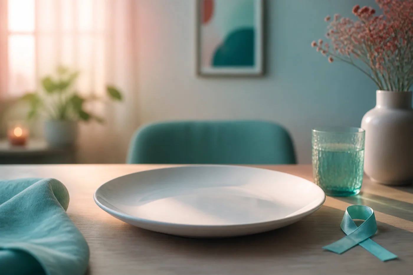 Fotografie editorială TeleMind: masă liniștită cu farfurie discretă și lumină teal-coral; tulburări alimentare, blog România mai 2026.