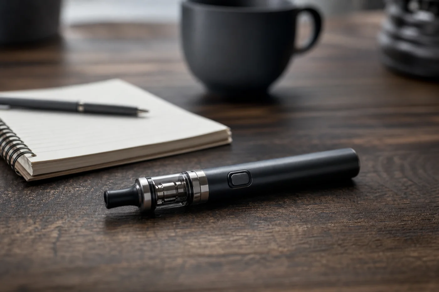 Fotografie editorială: dispozitiv de vaping pe masă lângă telefon, lumină de seară discretă; articol TeleMind despre vaping și sănătate mintală.