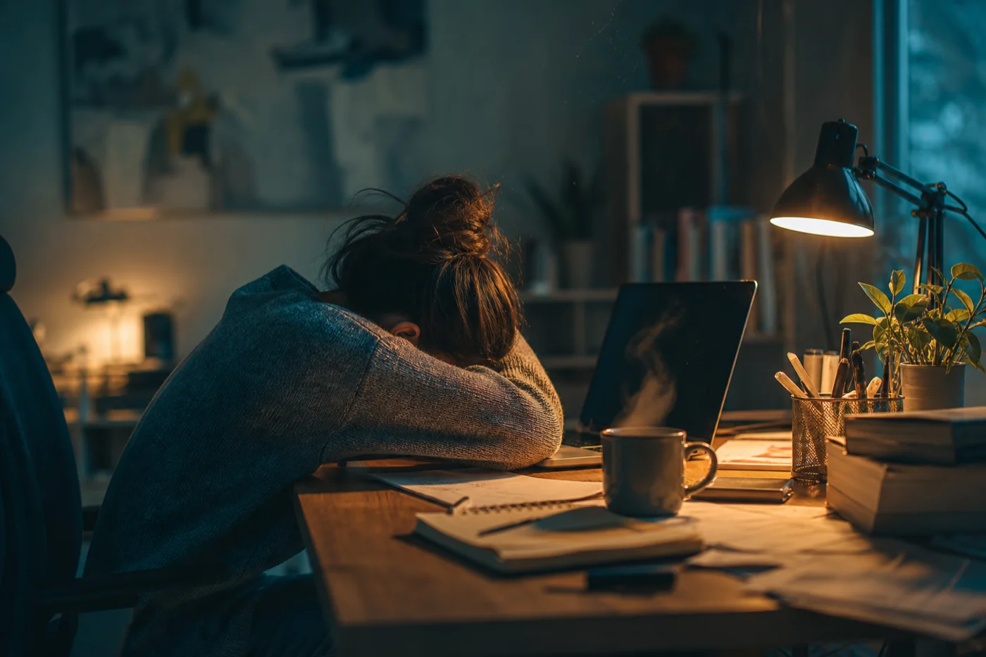 Fotografie editorială TeleMind: birou seara, ecran stins și ceașcă; burnout la job, ghid educativ, Dr. Lavinia Dobrescu.