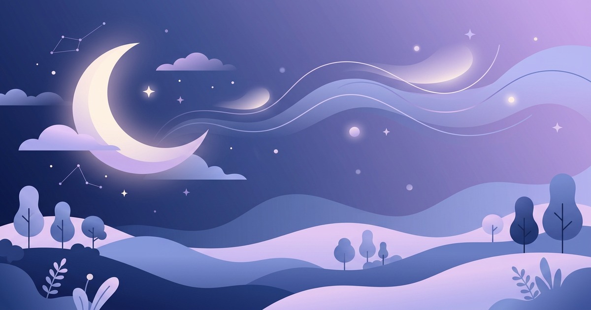 Ilustrație de noapte liniștită: semilună și stele stilizate pe gradient lila și albastru închis, senzație de somn odihnitor; fără persoane sau text. Imagine hero, ghid educativ TeleMind despre insomnie și igienă somn; conținut medical, Dr. Lavinia Dobrescu, medic psihiatru.