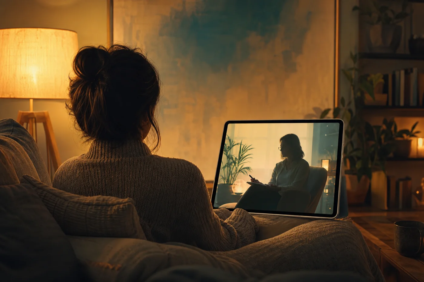Fotografie editorială TeleMind: conversație online empatică cu psiholog clinician, gest deschis, lumină calmă teal.