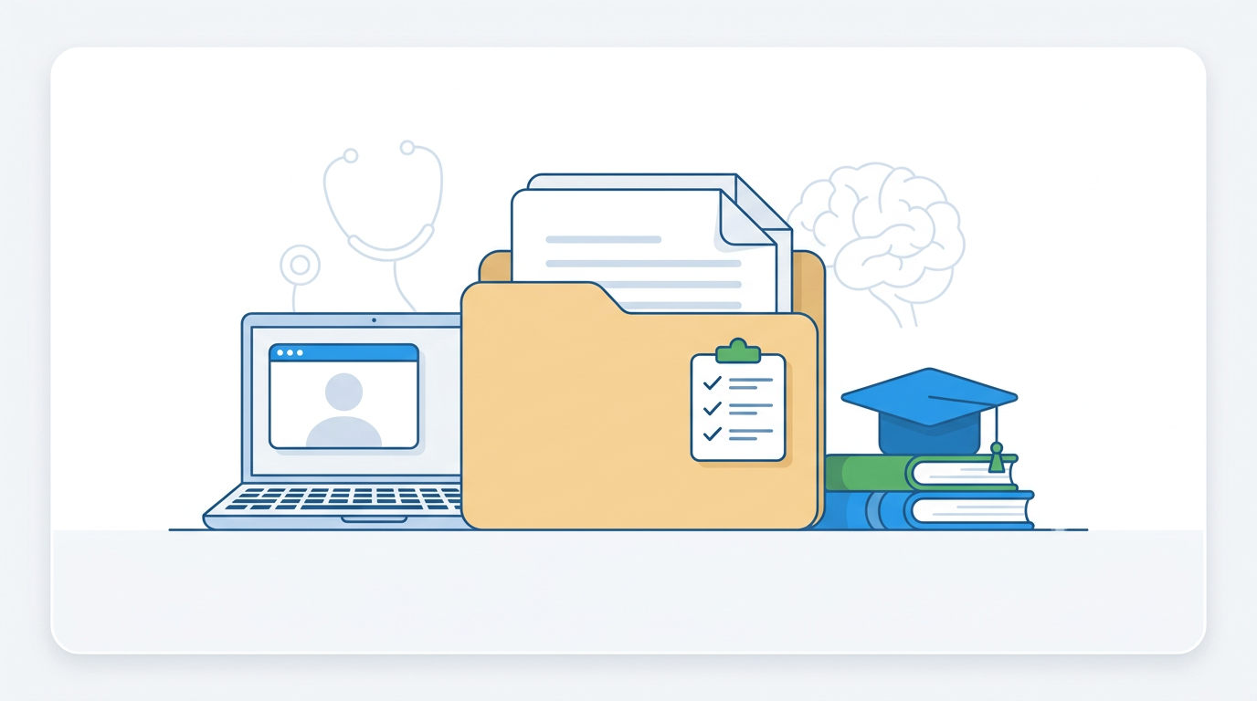 Ilustrație ghid oficial TeleMind: dosar titularizare 2026 în România pentru profesori, învățători și educatori; documente medicale în ordine cronologică recomandată (adeverință medic de familie cu mențiunea apt pentru învățământ, aviz psihiatric sau fișă de evaluare a capacității psihice emisă de medic specialist psihiatru, certificat de medicina muncii când este cerut); posibilitatea consultului psihiatric online și a telemedicinei psihiatrice conform OUG nr. 196/2020; aliniere la cerințele inspectoratelor școlare (ISJ/ISMB) și la modul de acordare a avizelor medicale stabilit prin Ordinul nr. 55/3.335/2026 (Monitorul Oficial nr. 187/11.03.2026) pentru învățământul preuniversitar.